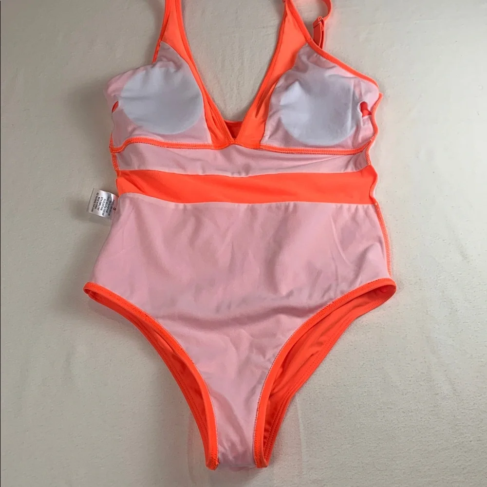Pink Lily NWOT One Piece Swimsuit Neon Orange Small Mesh Detail at VNeck & Waist